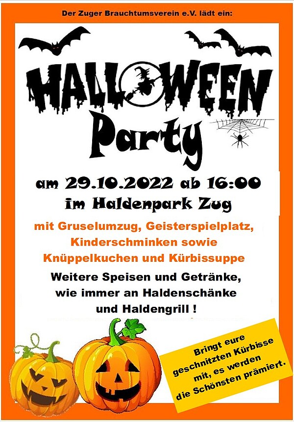 Der Zuger Brauchtumsverein e.V. lädt am Samstag, 29. Oktober, ab 16 Uhr ein zum Familienfest und Halloweenparty im Haldenpark Zug.